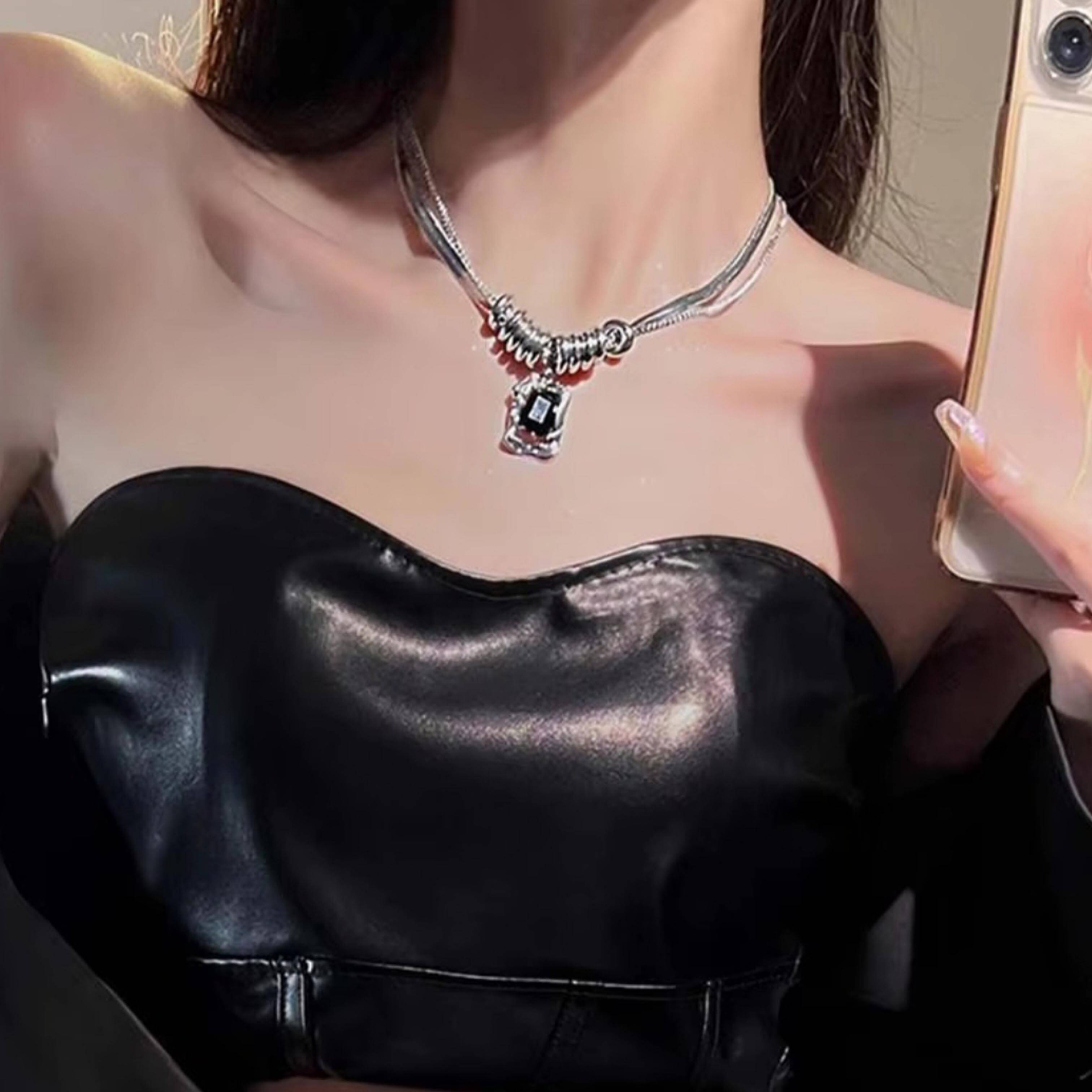 Silver Anti Tarnish Double Layered Black AD Stone Neckpiece